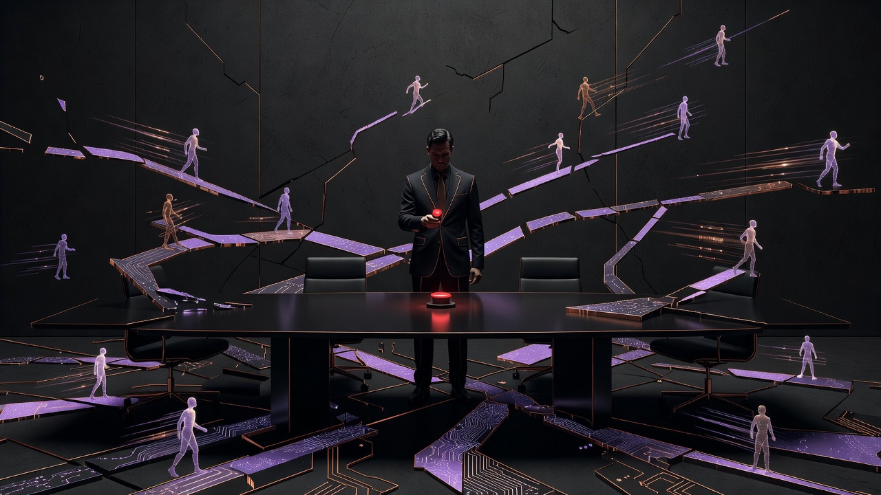 Stylised dark boardroom scene showing autonomous agent paths and a single human override control