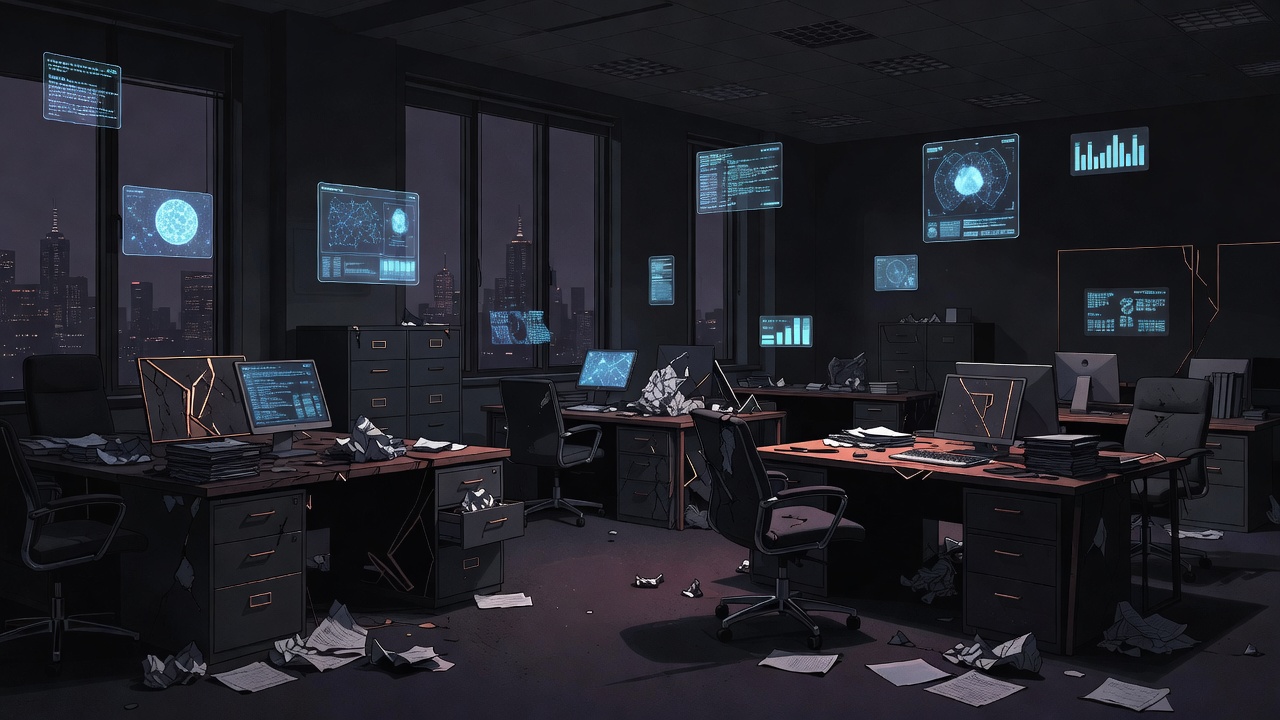 Dark editorial image showing disconnected AI interfaces in an empty Australian corporate office at night