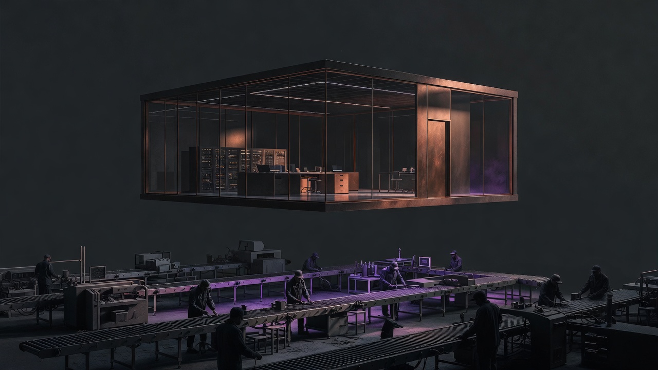 Empty innovation lab suspended over unchanged factory operations