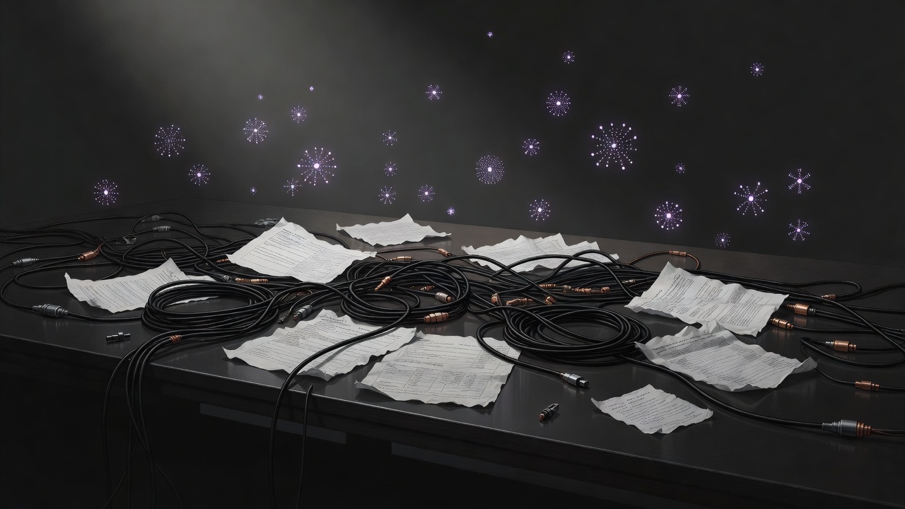 Tangled legacy data cables on a dark boardroom table with isolated AI symbols above