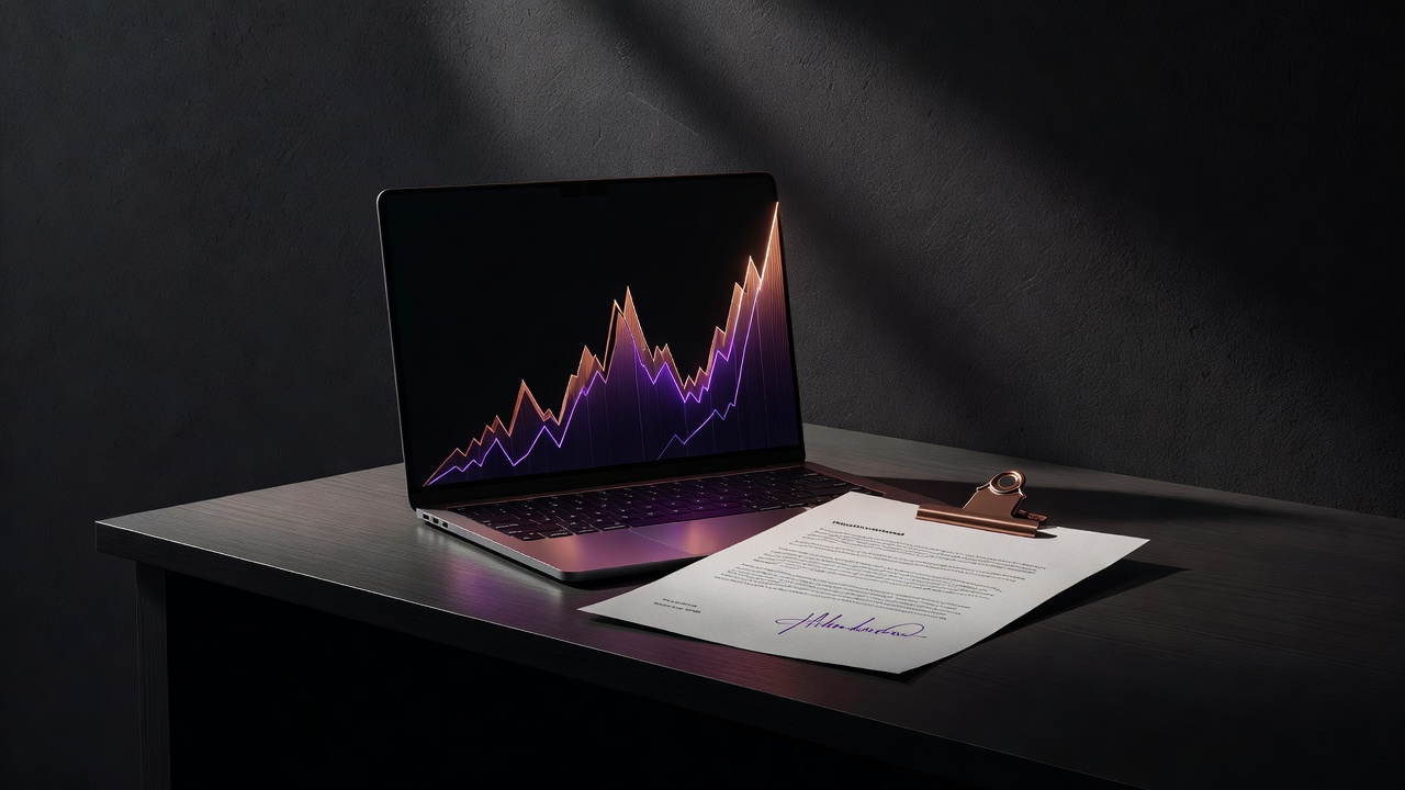 Laptop showing incomplete build spike next to signed vendor contract in dim office