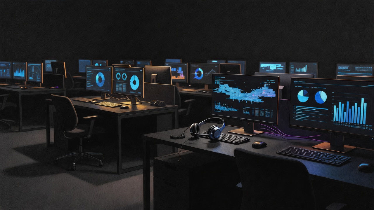 Empty agent workstation with multiple open windows on screen during low light hours in a contact centre