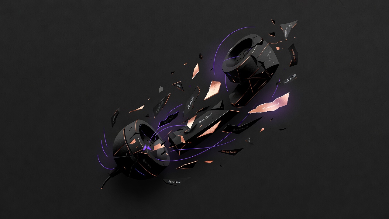Fragmented phone receiver with floating text fragments on dark background