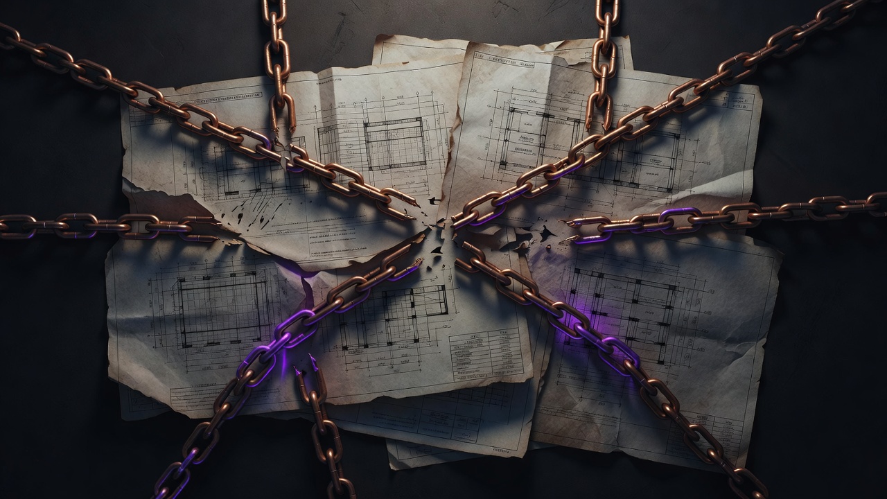 Fragmented construction blueprints showing broken links at contractor interfaces