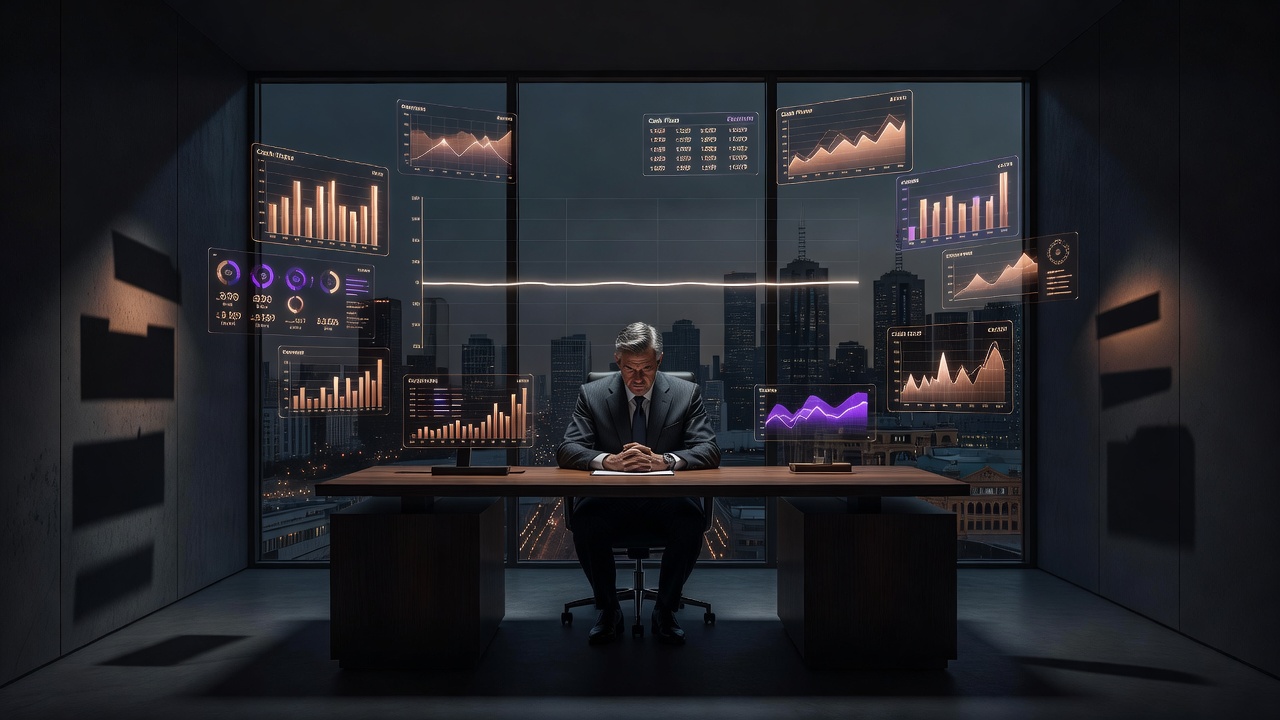 CFO reviewing AI dashboards that show rising widget counts against an unchanged cash line