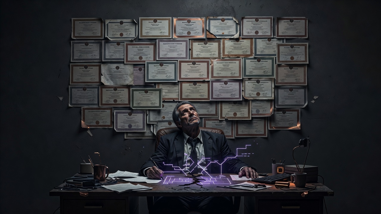 Professional surrounded by expired vendor certificates with a single workflow diagram left unresolved
