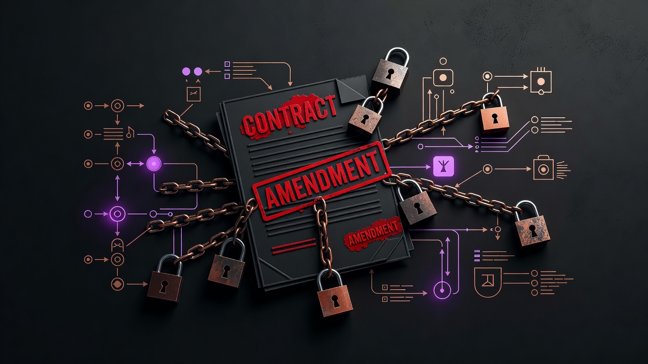 Contract document overlaid with red change-control stamps and locked integration pathways