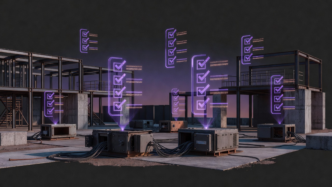 Disconnected physical interfaces contrasted with unchecked digital approval icons on a capital project site