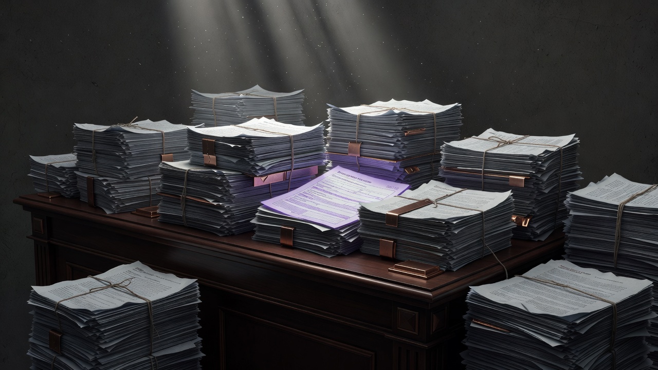 Council desk covered in stacked tender documents with a resident form peeking out
