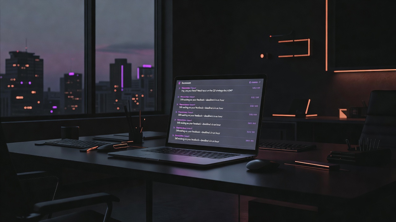 Empty desk with laptop displaying an open chat thread at the end of the day