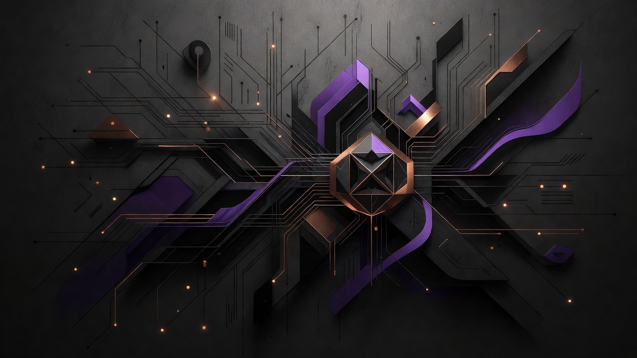 Dark graphite illustration with copper and violet highlights suggesting structured government document systems