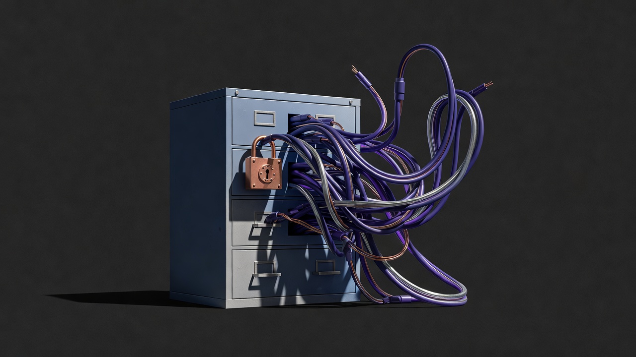 Tangled cables spilling from an EDRMS cabinet symbolising brittle integrations