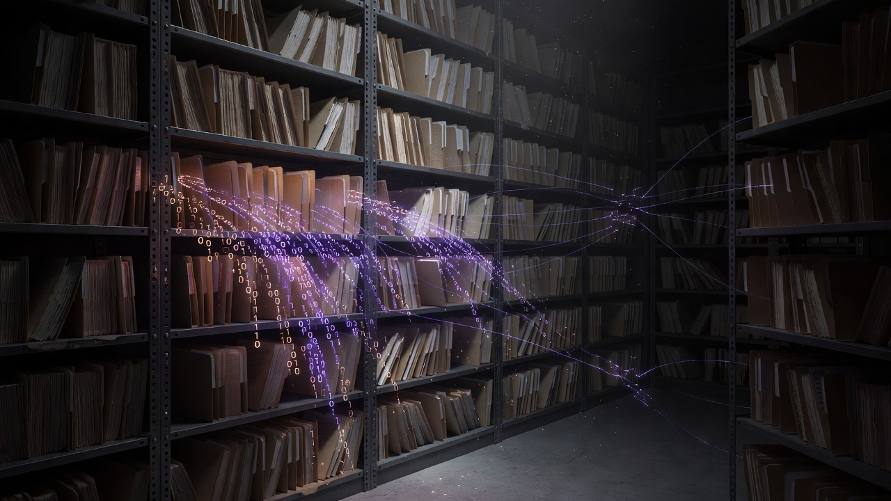 Abstract illustration of dissolving EDRMS records and broken API links in a dark academic setting