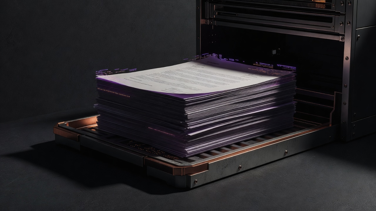 Printer tray with contracts under low light suggesting hidden model decisions