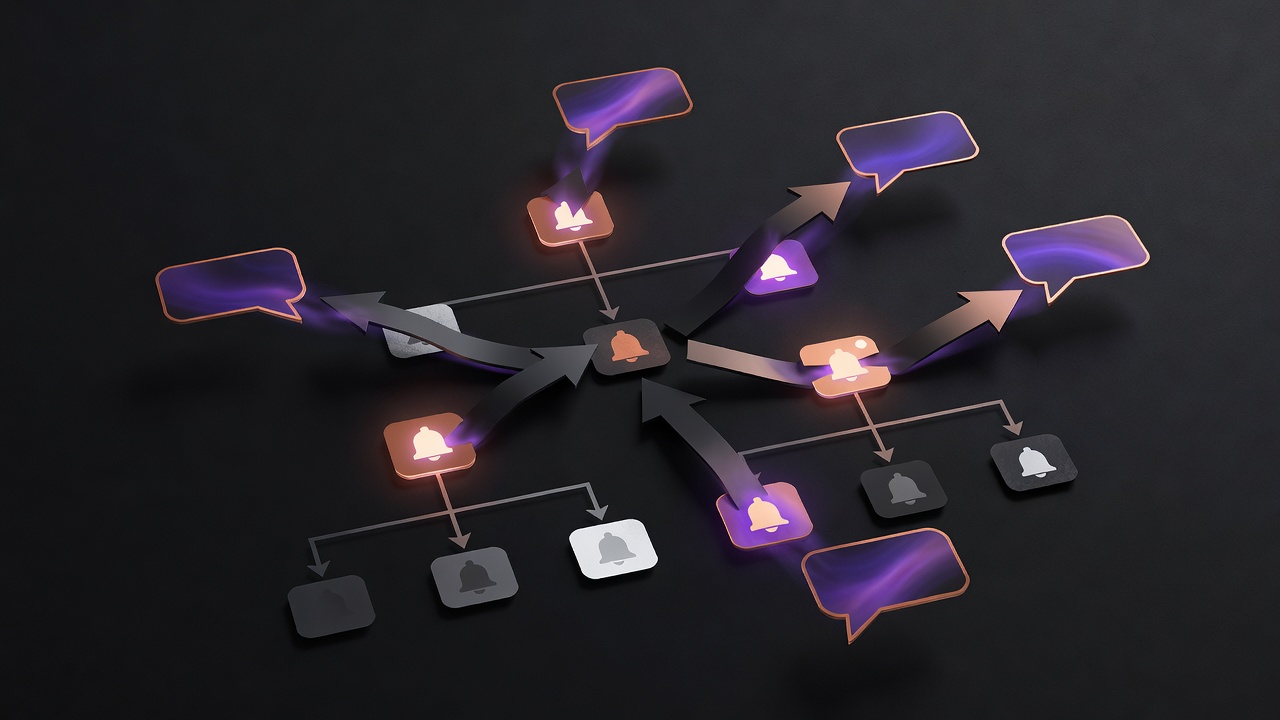 Faded RACI chart with decision paths diverted into active notification bubbles