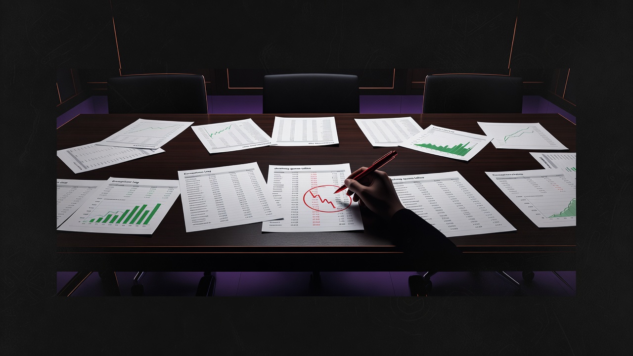 Dim boardroom with exception logs on the table and red pen marks on shrinking queues