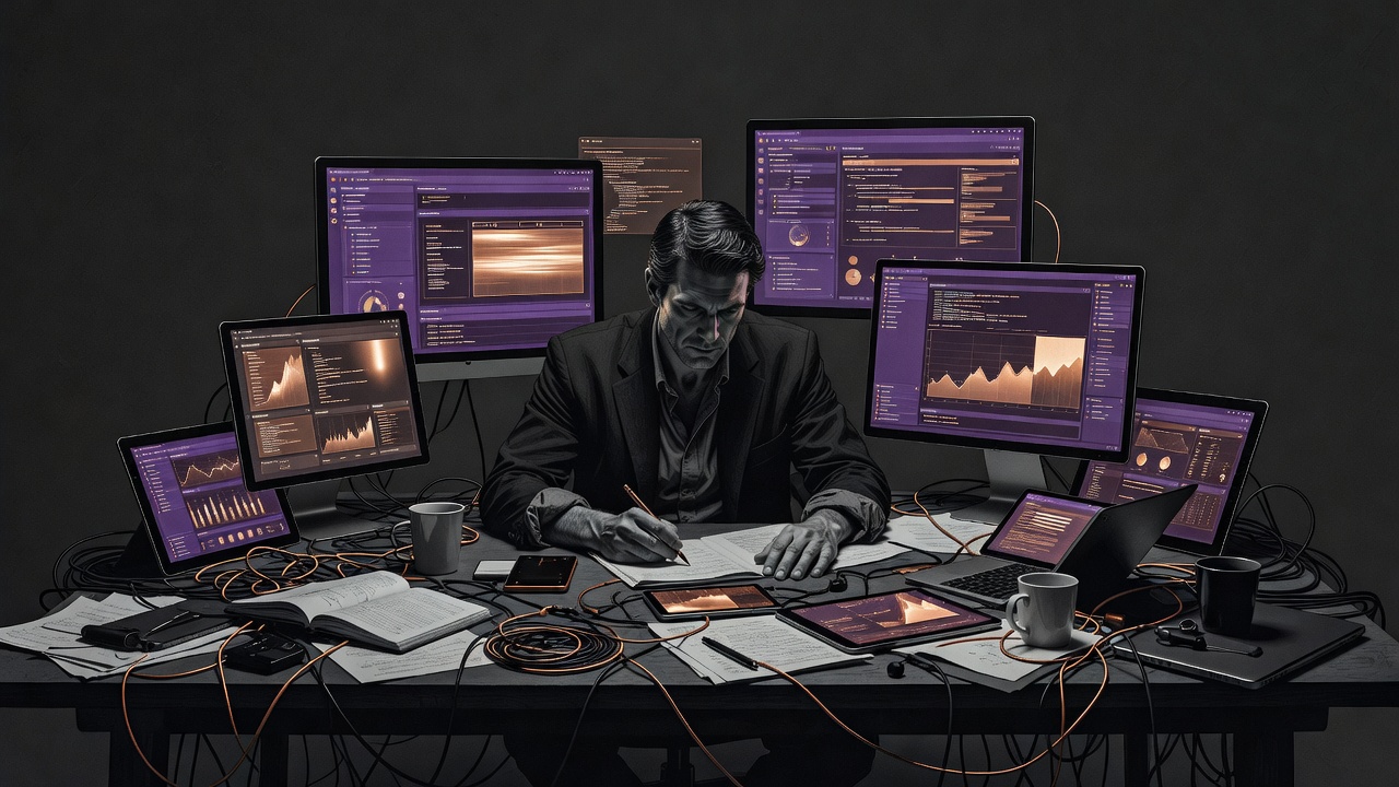Founder facing multiple overlapping tool interfaces on a desk