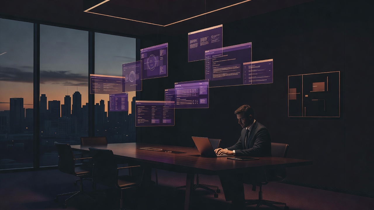 Founder reviewing multiple overlapping analytics dashboards in a dimly lit Melbourne office