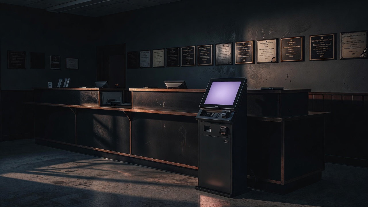 Empty council counter beside an idle digital kiosk under dim lighting
