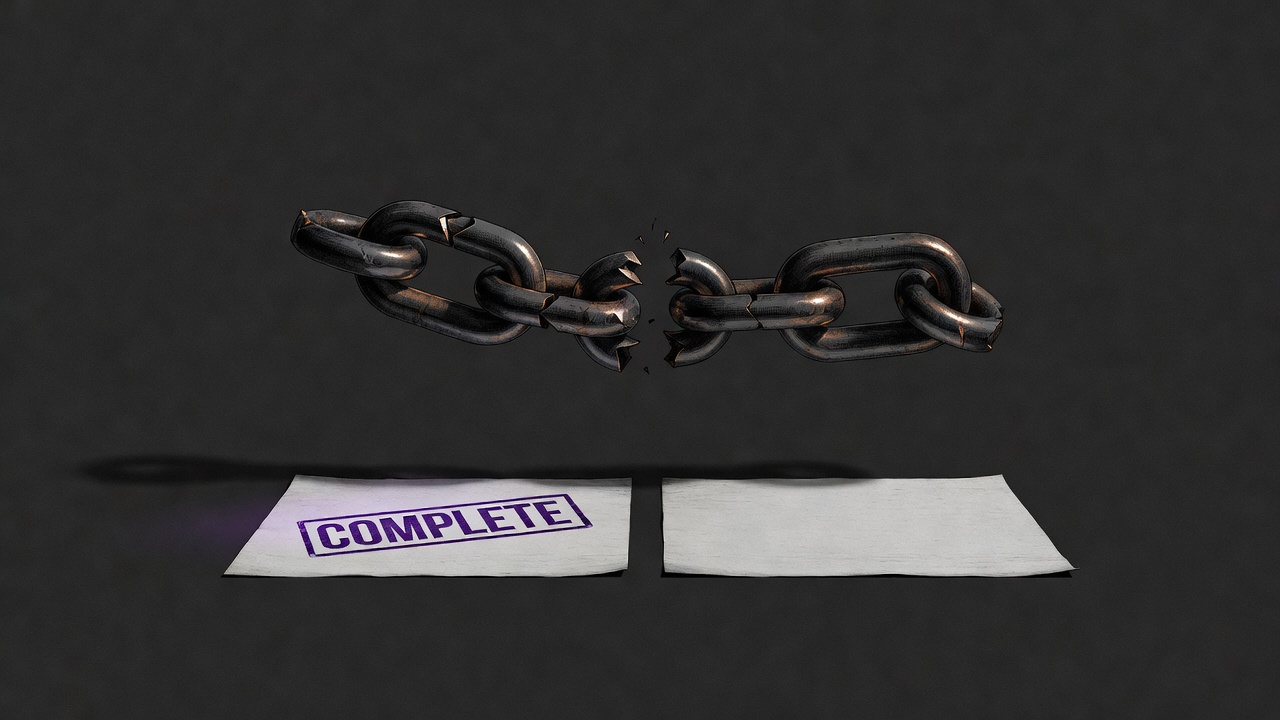 Broken chain links suspended between ledger pages showing mismatched completion states