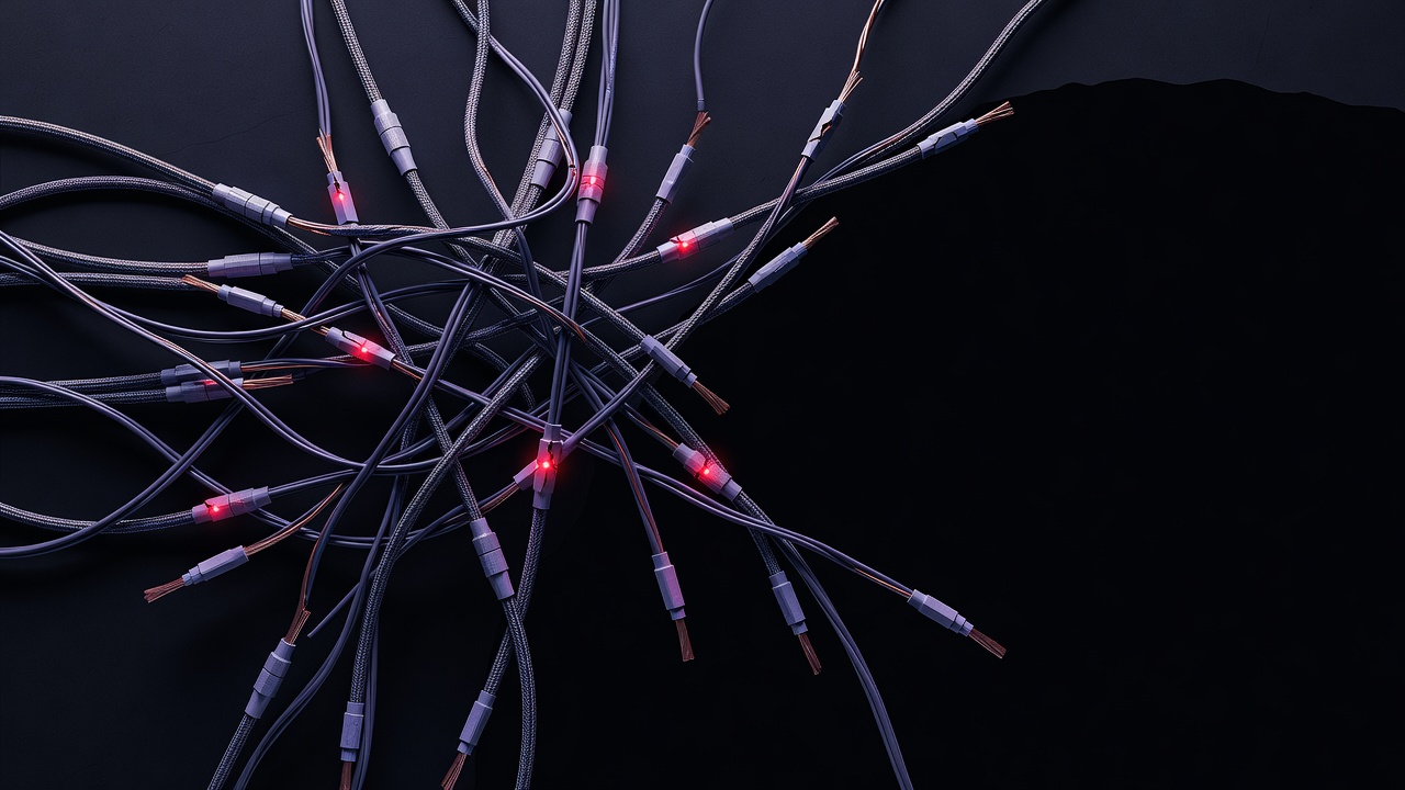 Tangled integration cables fading into darkness with red alert indicators