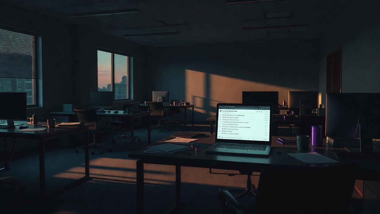 Empty office at dusk with one laptop displaying an open approval thread