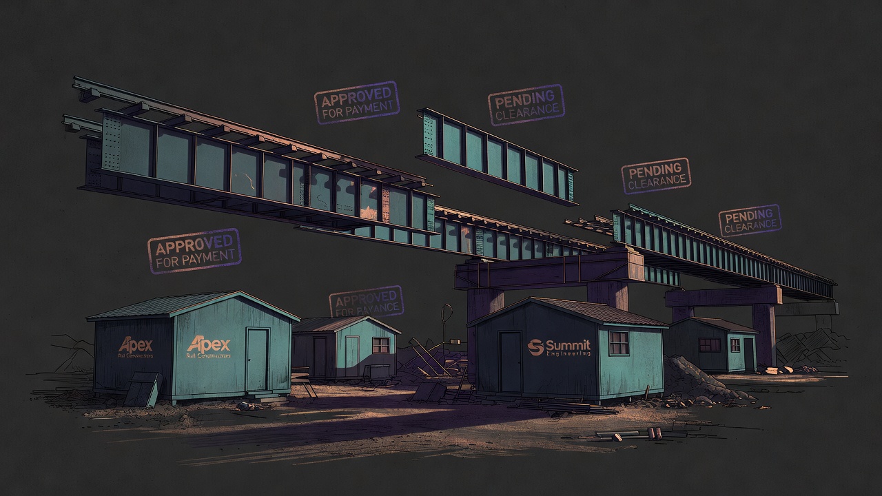 Disconnected contractor sections on a rail viaduct with payment stamps visible above isolated work areas