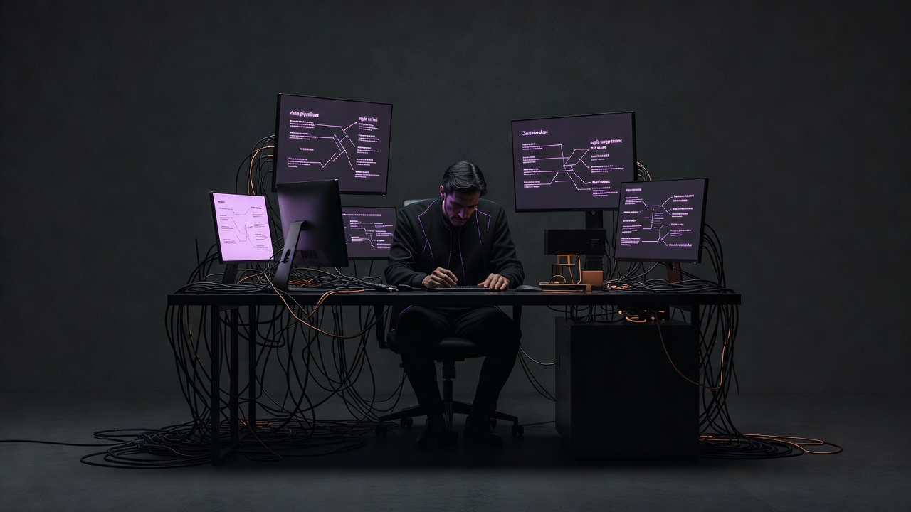 Illustration of one specialist overwhelmed by multiple disconnected tools and their wiring