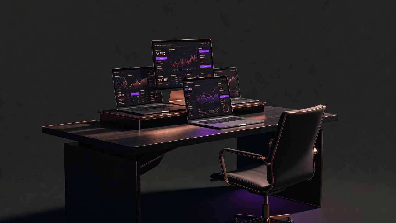 Empty specialist chair beside multiple pricing tool screens displaying margin warnings