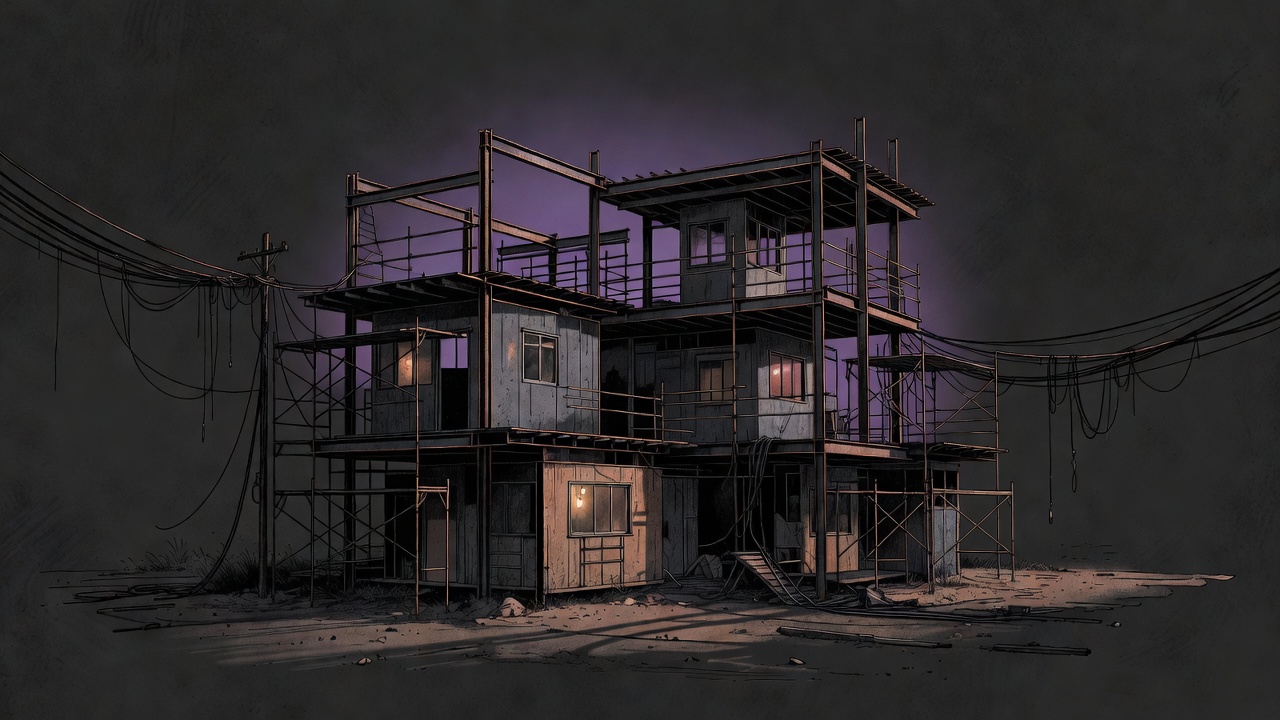 Shadowed construction site showing fragmented contractor zones and unfinished interfaces