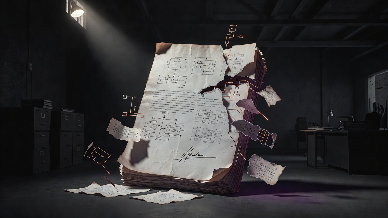 Signed contract with integration diagrams tearing loose from its pages