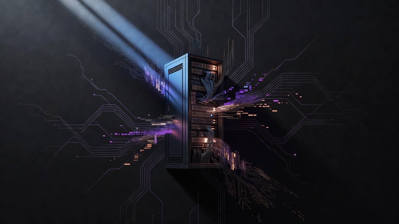 Abstract server infrastructure showing overflowing message queues against a dark background