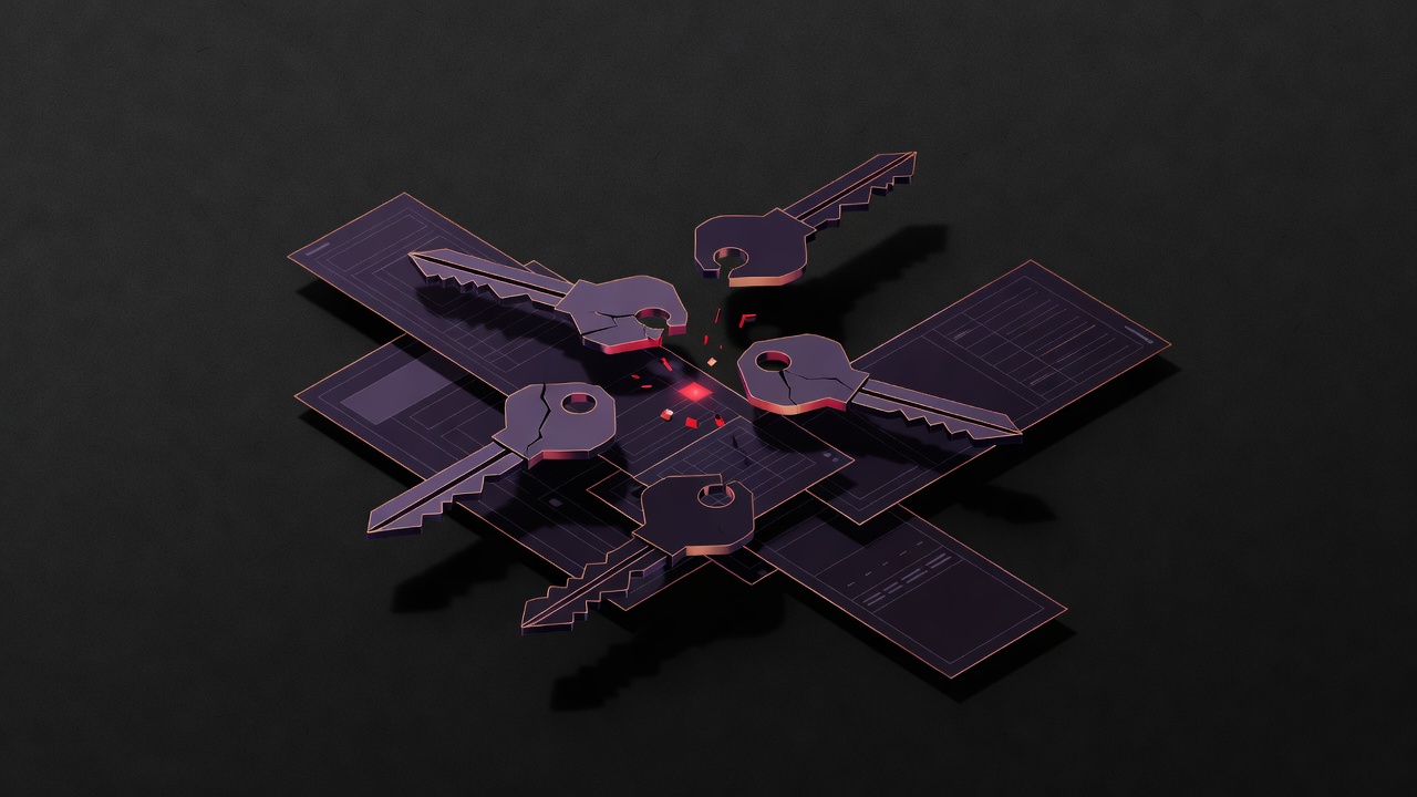 Fragmented keys splitting across overlapping digital ledgers with red collision markers