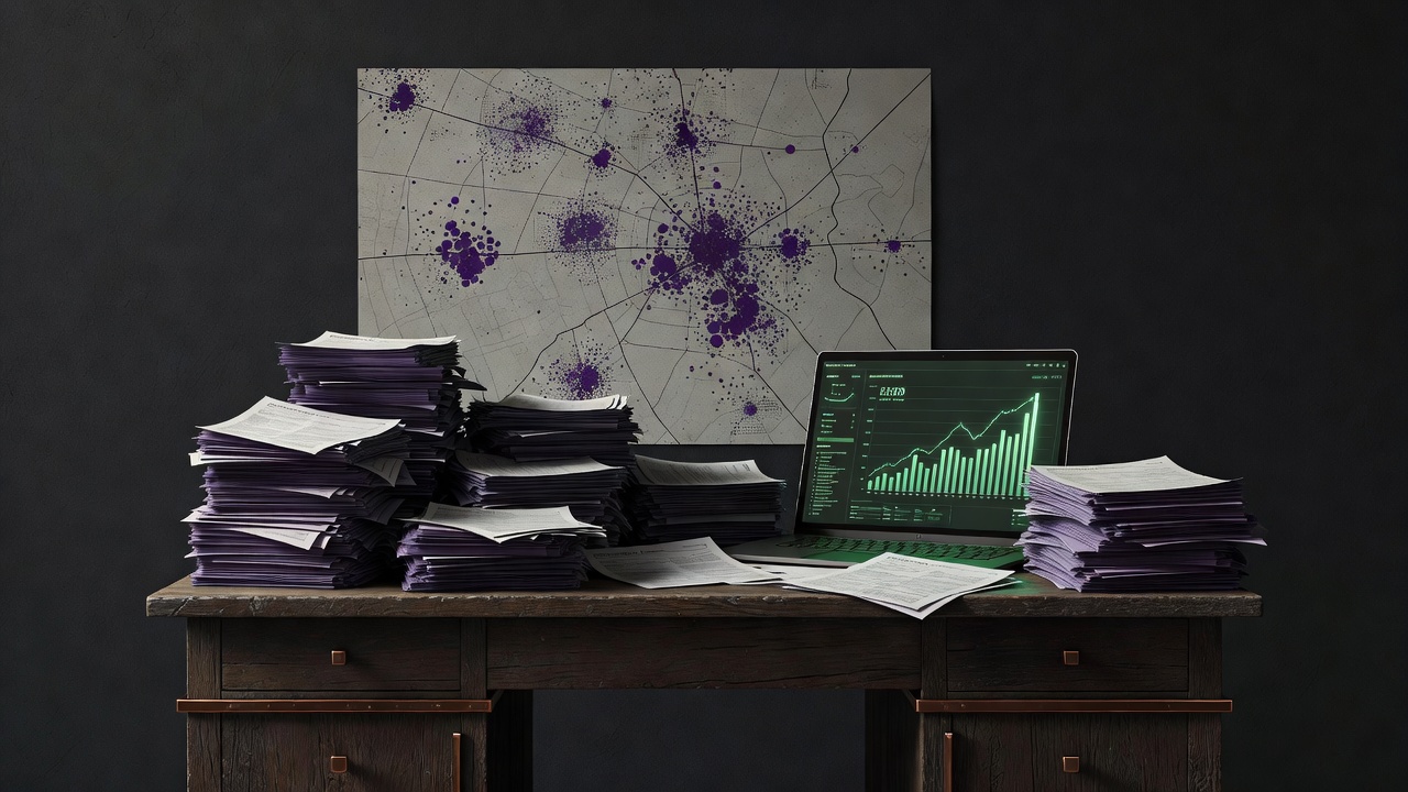 Stacked paper forms beside a council performance dashboard highlighting closed cases