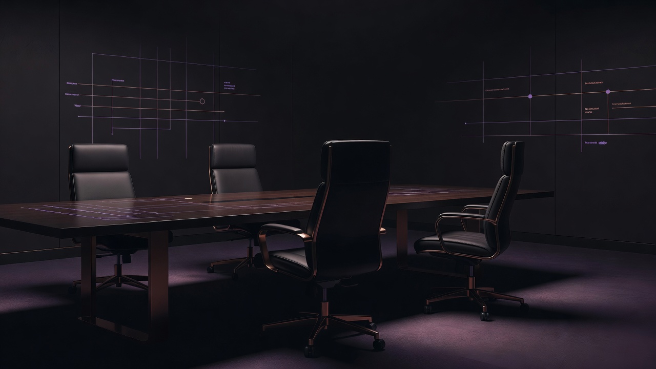 Two vacant chairs at a boardroom table under low light, symbolising unreachable decision makers after a reorganisation