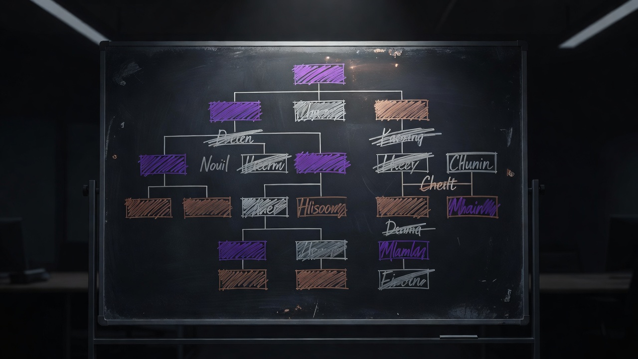 Faded and overwritten organisation chart on a dim office whiteboard showing repeated role changes