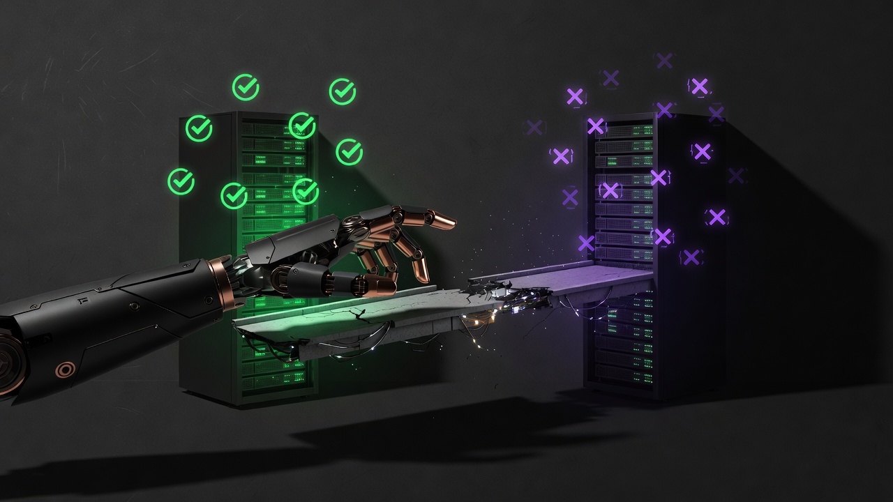 Robotic process arm stopped at a gap between two incompatible enterprise systems