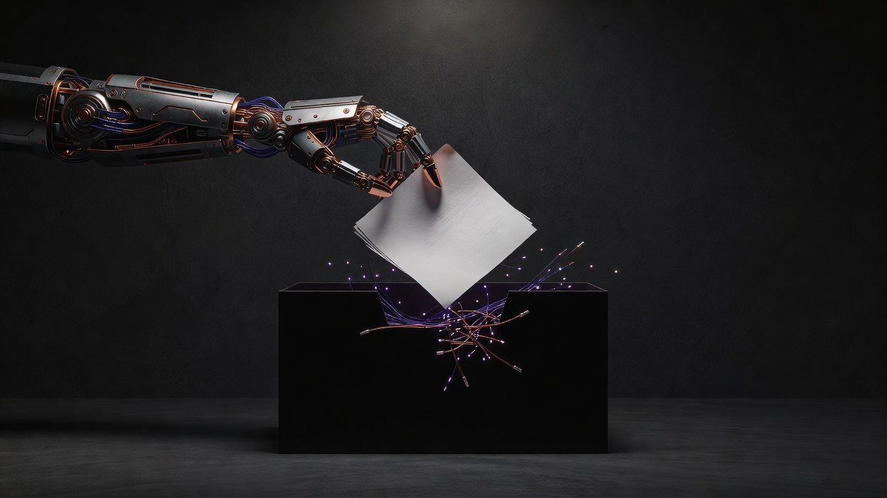 Robotic arm dropping document into endless inbox, threads breaking