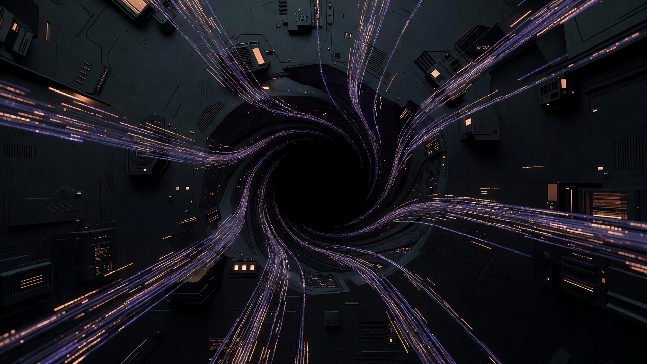 Abstract view of fragmented AI data flows disappearing into an untracked void