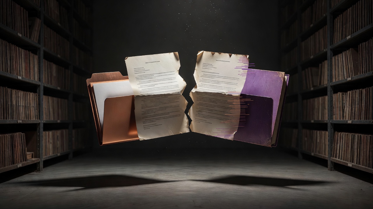 Two versions of the same contract diverging into separate EDRMS folders under low light