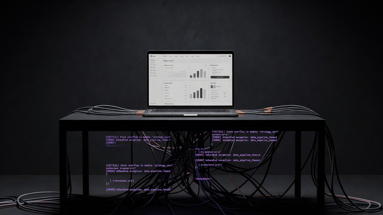 Polished demo screen contrasted with hidden integration failures beneath