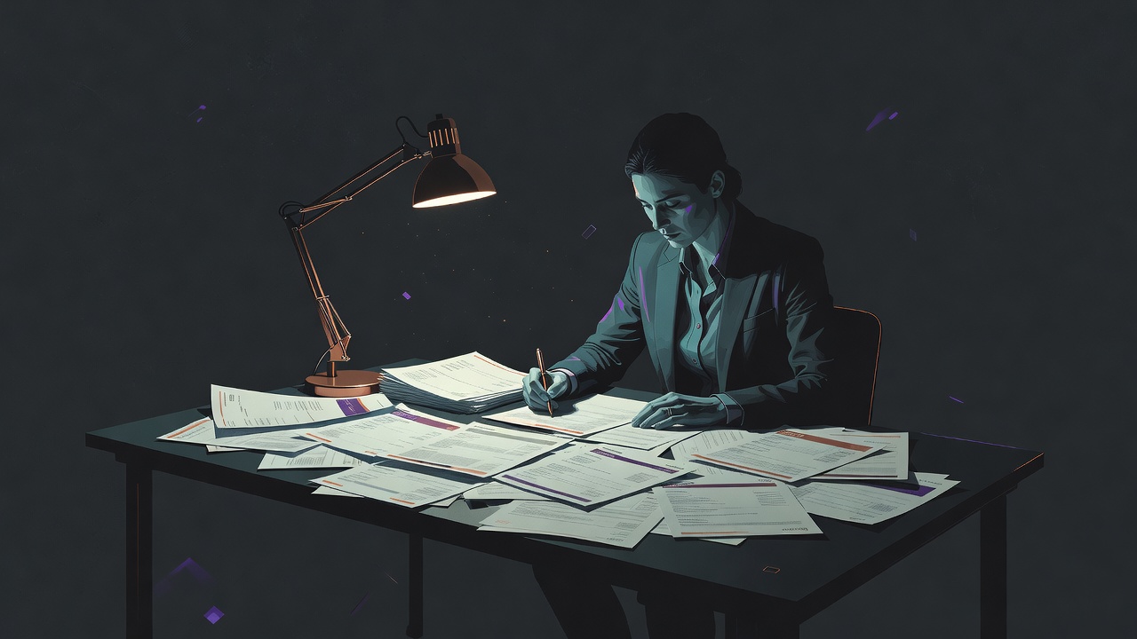 Finance controller reviewing overlapping SaaS invoices and reports in a dimly lit Melbourne office