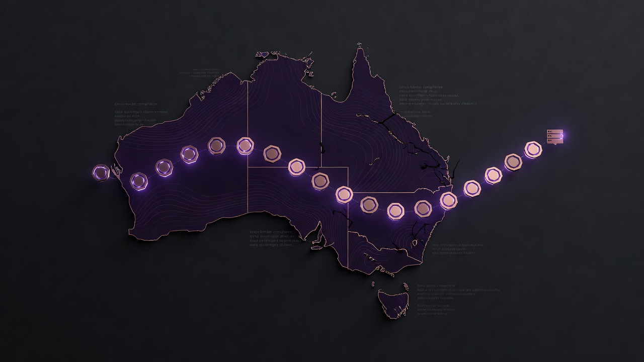 Digital tokens crossing national boundaries on a dark schematic map