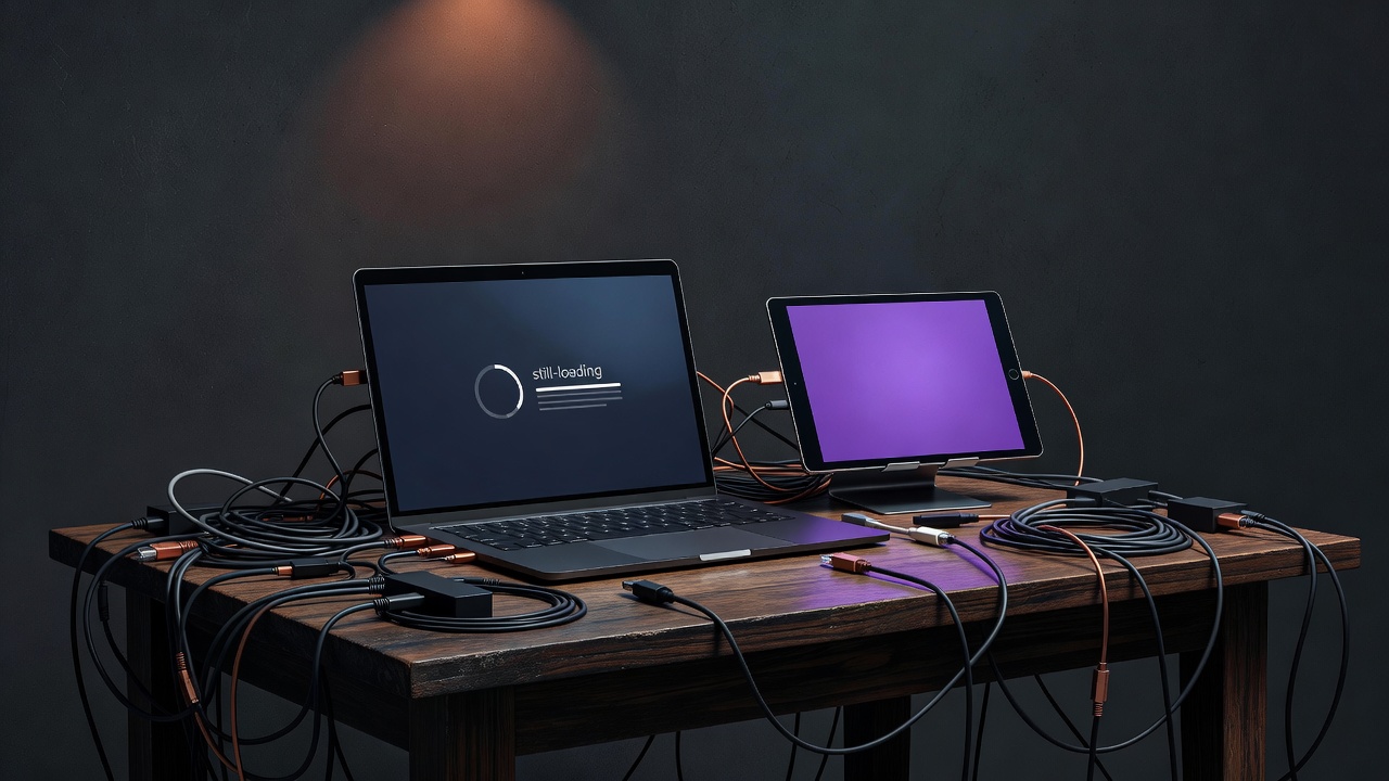 Laptop showing stalled loading bar next to active vendor tablet on a desk