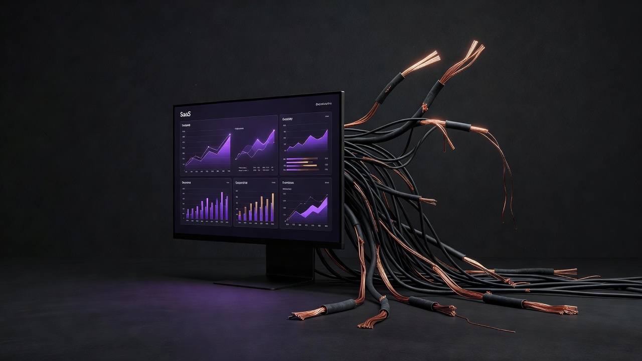 SaaS dashboard on screen with hidden tangled cables emerging from the back