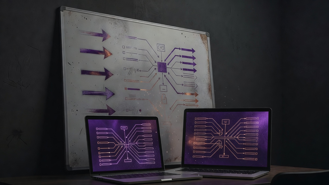 Abandoned internal whiteboard beside active vendor skill tree screens