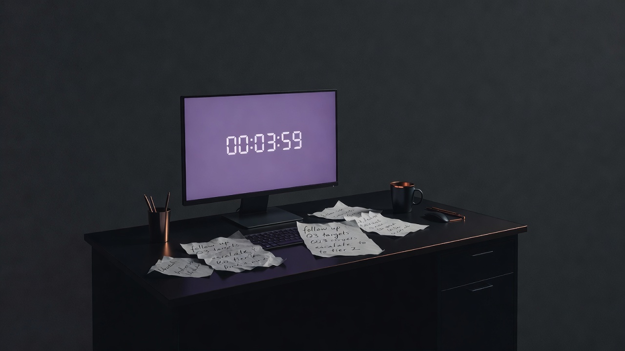 Contact centre workstation with abandoned notes and a strict wrap-up timer on screen during an outage event