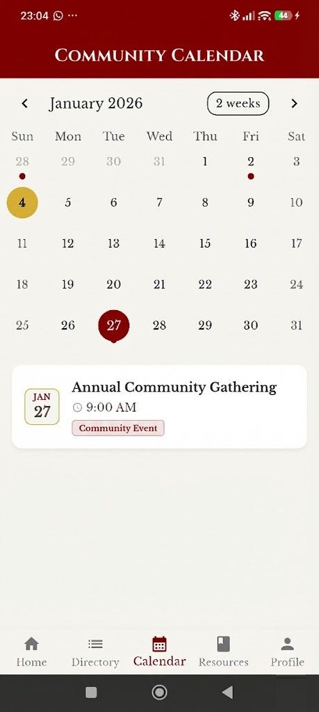 Community Calendar January 2026 with Annual Community Gathering on the 27th