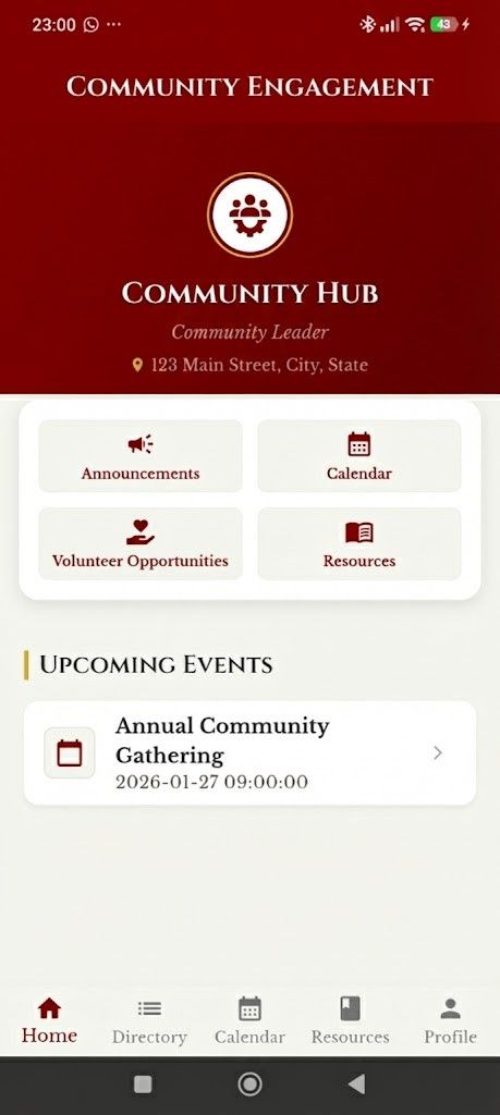 Community Builder home — Community Hub with announcements, calendar, volunteer opportunities, resources and upcoming events