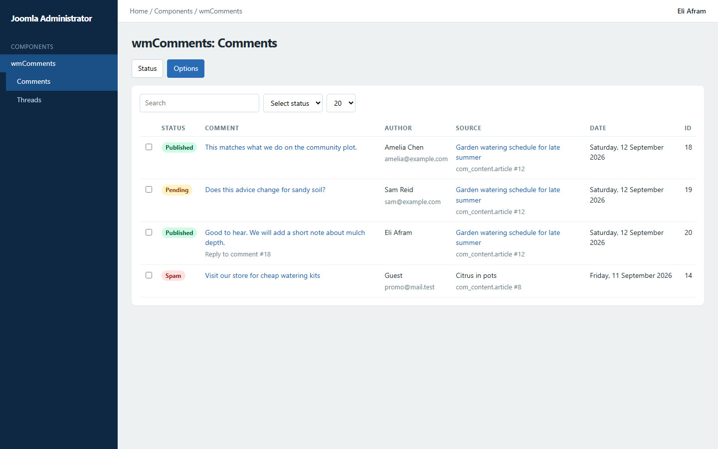 Admin — comments list